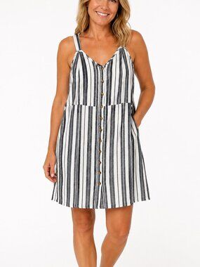 Terra & Sky Linen Blend Striped Button Front Detail Dress 1X